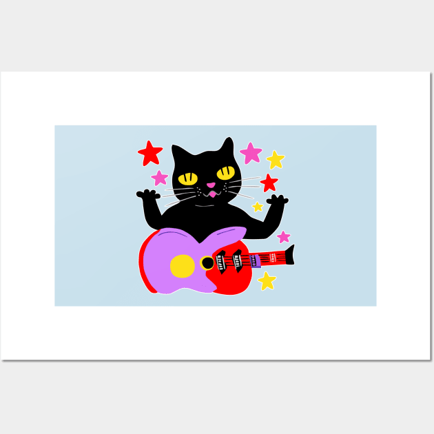 Black Cat Plays Guitar Wall Art by loeye